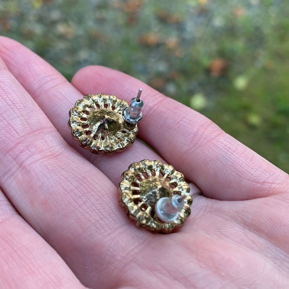 Large brilliant round stones gold pink clear crystals stud earrings like new - Picture 9 of 11